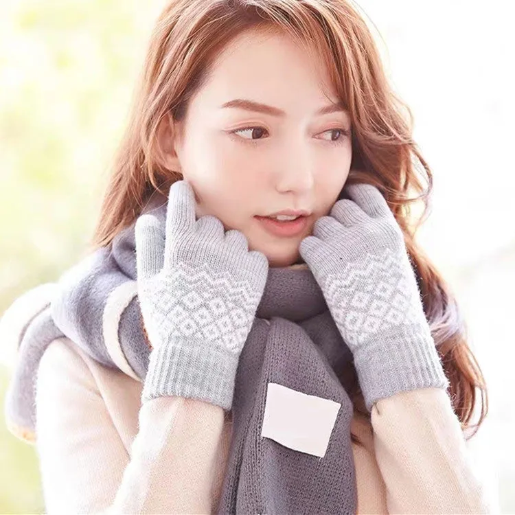 Winter Touch Screen Gloves Women Men Warm Stretch Knit Mittens Imitation Wool Thicken Full Finger Gloves(C-Grey)